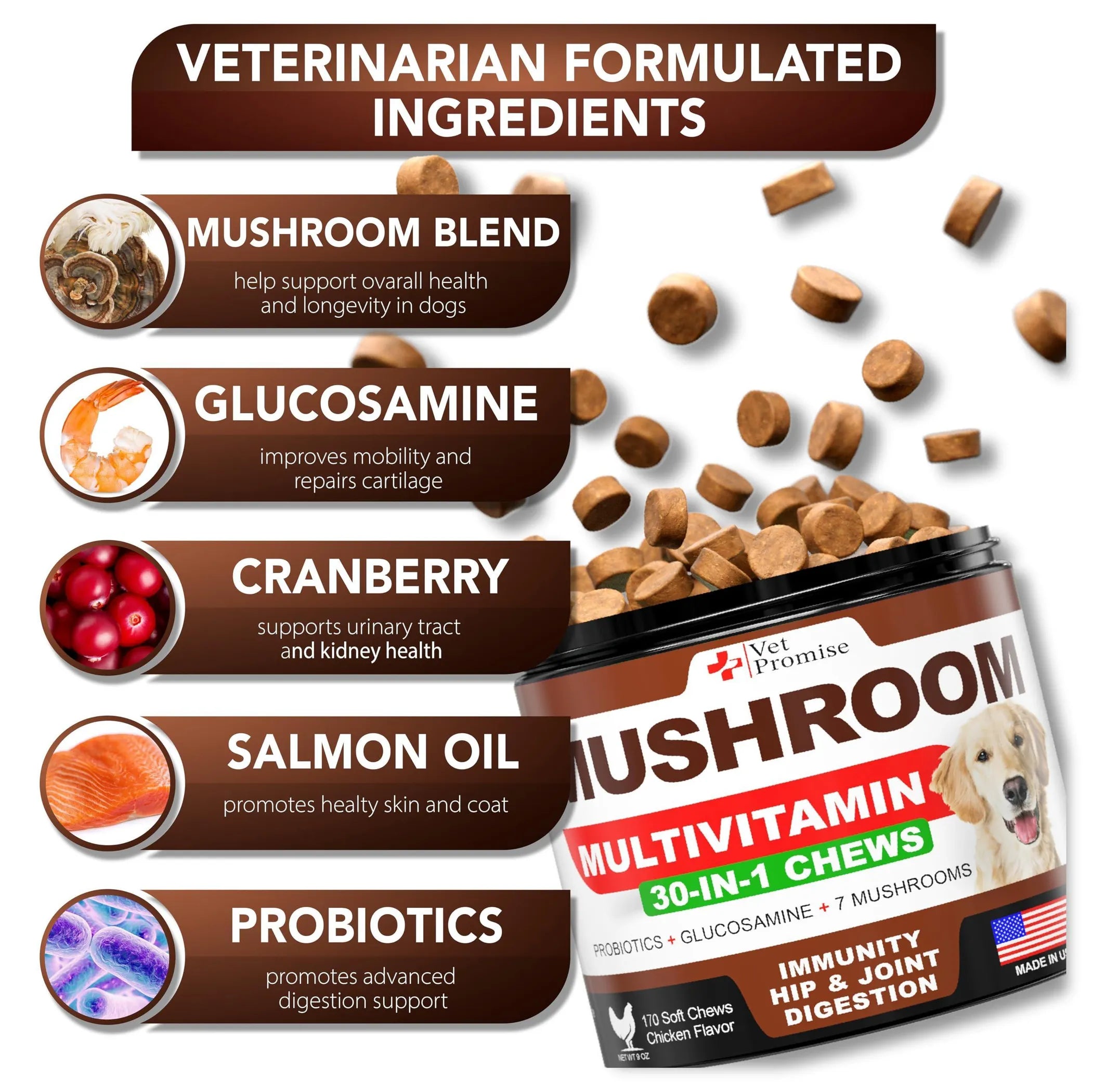 2-Pack 30-in-1 Mushroom Multivitamin Chews for Dogs